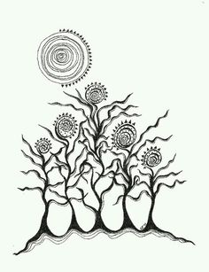 an ink drawing of trees with swirls and sun in the sky above them on white paper