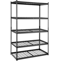 four tier shelving unit with wire shelves on each side and one shelf below it