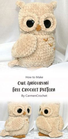 an owl stuffed animal sitting on top of a white sheet with text overlay that reads how to make owl amigurmi free crochet pattern