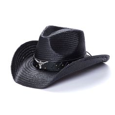 The TX-400 is part of the Saddleback Collection, and is crafted with a shapeable vented crown and a 3.5 inch wired brim. It features a genuine Toyo straw body, a genuine leather band, and is finished with mini studs and a large longhorn buckle. These distinct features make the TX-400 a unique addition to any wardrobe. Black Summer Hat Bands For Ranch, Adjustable Black Straw Hat For Outdoor, Summer Straw Hat For Western Events With Single Vent, Classic Black Straw Hat, Western Black Straw Hat For Country Events, Western Style Black Straw Hat For Country Events, Black Straw Hat For Western-themed Summer Events, Black Western Straw Hat With Short Brim, Leather Hats For Summer Country Events