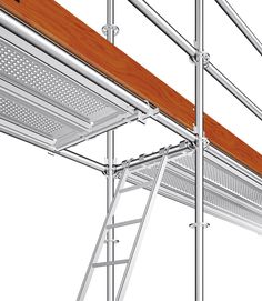 a ladder is attached to the side of a metal structure with wood planks on it