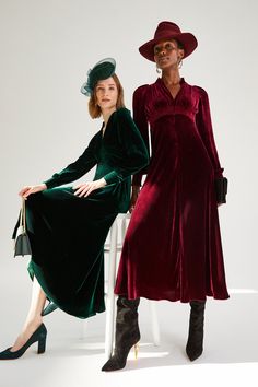 A truly elegant midi length velvet dress, based on our signature 1930s tea dress block. Cut from soft, fluid Italian velvet in a rich forest green, the dress has full length sleeves with a shirred cuff, a shirred elasticated empire seam and bias cut silhouette, falling to a midi length. The neckline has a small stand collar that frames the face beautifully, and there is an invisible centre back zip for step-in ease. The dress is lined from the empire seam to the hemline in Italian silk habotai. Suzannah London, London Boutique, Claret Red, Bias Cut Dress, Cut Dress, Block Dress, Silk Velvet, Tea Dress, Velvet Dress