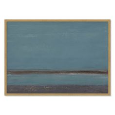 an abstract painting with blue and brown colors on the wall above it is a large body of water