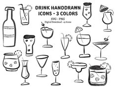 a bunch of different types of drinks on a white background with the words drink hand drawn icons