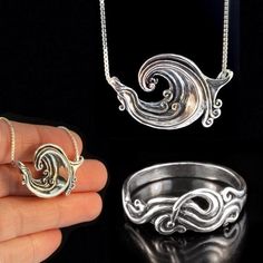 The sterling silver Wave Rider gift combo includes the Rip Curl Wave pendant and the Nouveau Swirl Ring. Catch that perfect wave and give the perfect gift. The graceful lines in of ring are reminiscent of the Art Nouveau period and the pendant is fluid and powerful. The pendant is 1- 1/2” across. Specially priced at $205We have many ring sizes immediately available. We will contact you to let you know if we have your chosen ring size in stock or when to expect shipment.  All Marty Magic Rings ar Sterling Silver Swirl Jewelry, Sterling Silver Swirl Jewelry In Silver, Elegant Wavy Silver Jewelry, Handmade Silver Wavy Jewelry, Silver Wavy Jewelry For Anniversary, Unique Swirl Jewelry As A Gift, Wavy Silver Jewelry For Anniversary, Silver Swirl Jewelry For Gift, Sterling Silver Swirl Jewelry Gift