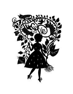 the silhouette of a woman in a dress with leaves and vines around her, holding an umbrella