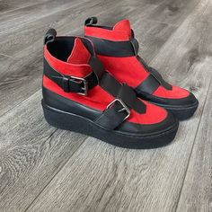 New Free People Collection Cortina Red And Black Platform Ankle Boots | Size 37 Rugged Rubber Sole Size 37 Eu- Equivalent To Size 6.5 Us Leather And Suede Uppers Adjustable Buckle Belt Straps Heel Height 1 5/8” Color- Red And Black Retail- $244 New, Never Worn Rare Free People Boot. Ready To Ship. Offers Always Welcome! Trendy Red High-top Platform Boots, Red Platform Boots For Streetwear, Bold High-top Boots For Fall, Edgy Red Platform Boots With Round Toe, Trendy Red Boots For Streetwear, Red Sole High-top Boots For Fall, High-top Boots With Red Sole For Fall, Red Sneakers With Rubber Sole For Fall, Casual High-top Platform Boots With Buckle