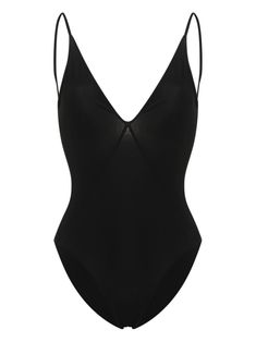 black stretch-design seam detailing plunging V-neck sleeveless spaghetti straps open back full lining slip-on style Be mindful to try on swimwear over your own garments. Sleek Seamless V-neck Swimwear, Sleek Swimwear With Built-in Bra For Summer, Elegant Black Seamless Swimwear, V-neck Swimwear With Built-in Bra And Shapewear Style, Sleek Low-back Lined Swimwear, Black Shapewear Swimwear With Minimal Stretch, Minimal Stretch Black Shapewear Swimwear, Summer Shapewear Swimwear With Low Back, Elegant Black Triangle Top Swimwear