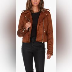 Nwot Jou Jou Suede Caramel Moto Jacket With Gold Zippers And Black Accent Chic Brown Biker Jacket For Work, Trendy Brown Biker Jacket With Zipper, Trendy Brown Biker Jacket With Zipper Closure, Trendy Brown Biker Jacket With Long Sleeves, Trendy Brown Long Sleeve Biker Jacket, Trendy Brown Long Sleeve Leather Jacket, Trendy Brown Biker Jacket For Spring, Chic Brown Biker Jacket For Fall, Chic Brown Outerwear With Zipper