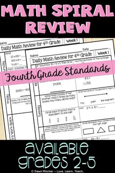 the fourth grade math spiral review is shown in pink and black with text overlay