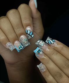 Diy Acrylic Nails, Blue Acrylic Nails, Simple Gel Nails, Cute Acrylic Nail Designs, French Acrylic Nails