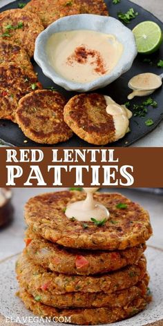 red lentil patties on a plate with dipping sauce in a bowl and another photo