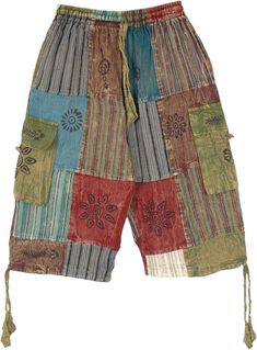 These Bermuda style bohemian shorts are hand made from hand-loom cotton. These shorts feature multicolored striped and solid patches with bohemian style block prints on some patches. #tlb #Patchwork #Stonewash #Pocket #vacationclothing #Printed #bohemianfashion #Handmade #HippieBermudaShorts #BohemianPatchworkShorts #CasualShorts #SummerPatchworkShorts Mens Hippy Fashion, Green Hippie Festival Shorts, Hippie Green Festival Shorts, Multicolor Hippie Shorts For Festival, Multicolor Hippie Style Festival Shorts, Green Bohemian Cotton Shorts, Multicolor Hippie Festival Shorts, Hippie Patchwork Shorts For Festival, Multicolor Patchwork Cotton Shorts