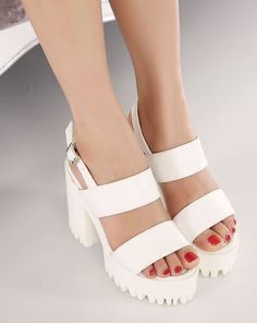 White Double Strap Chunky Heel Sandals on Luulla High Heel Sandals Platform, Chunky Heel Sandals, Womens Fashion Inspiration, Tailored Shorts, Princess Outfits, Chunky Heels Sandals, Couture Jewelry, White Heels, High Quality Shoes