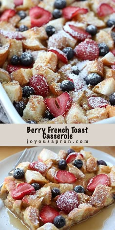 berry french toast casserole on a white plate