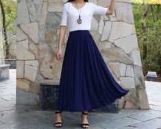 * A beautiful long chiffon skirt, two layers, not sheer at all.* Quality pearl chiffon fabric, soft, breathing and easy care.* A-line shape and elastic waist, it moves very beautifully when you walk.* Support 7 days return to get full refund on item without any reason.* Can custom size and colors, lead time is 6-8 days;* Let us know your usual size in your country and your overall height.* If you have some specific request or special characters such as broad shoulder, long arms, long waist, etc Summer Full Maxi Skirt, Non-stretch Long Pleated Skirt For Summer, Elegant Non-stretch Maxi Skirt For Summer, Chiffon Flared Skirt With Elastic Waistband, Elegant Flowy Blue Skirt, Elegant Blue Chiffon Skirt, Summer Solid Color Chiffon Maxi Skirt, Modest Lined Maxi Skirt For Summer, Non-stretch Chiffon Lined Skirt