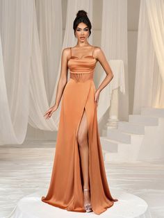 Orange Elegant Collar Sleeveless Satin Plain A Line Embellished Slight Stretch Spring/Summer/Fall Weddings & Events Formal Wedding Party, Satin Formal Dress, 파티 드레스, Wedding Party Dress, Fall Weddings, Vestidos Prom, Women Formals, Formal Evening Dresses, Types Of Dresses