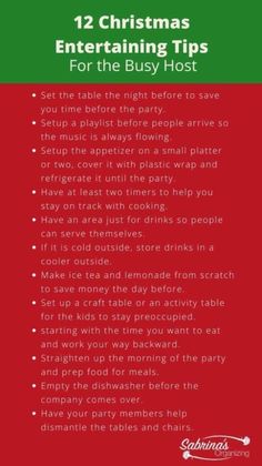 a red and green christmas flyer with the text 12 christmas entertaining tips for the busy host