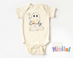 Personalized Halloween Cute Ghost Onesie®, Baby Name Halloween Outfit, Custom Halloween Natural Bodysuits for Girls, Custom Kids Fall Shirts 🌼 All Onesie® are 100% Certified Ultra Soft Organic Cotton The organic cotton fiber used in our Baby Onesie® has been certified and meets globally recognized standards for organic fiber. HOW TO ORDER v Choose a onesie® or shirt size (sizing chart below) and sleeve length. RAGLANS ARE ONLY IN SIZES 2T AND UP v Select design color if applicable v For personalized designs - enter customization in the "Add your personalization" field v ADD TO CART v Select from our shipping class options. Onesie® are printed on Gerber organic. These tend to run small so we recommend sizing up if you are on the fence. Toddler shirts are true to size. ONESIE® SIZES 0-3 Mon Fitted Yellow Onesie With Short Sleeves, Yellow Fitted Short Sleeve Onesie, Cute White Onesie With Character Print, Cute Fitted Yellow Onesie, Fitted White Bodysuit With Character Print, Cute Cotton Halloween Onesie, Fitted White Onesie For Fall, White Onesie Halloween Costume, Cute Cotton Halloween Bodysuit