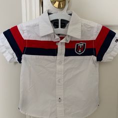 Tommy Hilfiger Short Sleeve Button Down Shirt Adorable Toddler Shirt Never Worn Collared Tops With Buttons For Playtime, Summer Playtime Shirt With Button Closure, White Playtime Tops With Buttons, White Buttoned Tops For Playtime, White Button Tops For Playtime, Cotton Tops With Button Closure For Playtime, Tommy Hilfiger Button-up Summer Tops, Tommy Hilfiger Summer Button-up Top, Summer Playtime Shirt