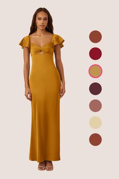 a woman in a yellow dress with different color swatches on the side and an image of