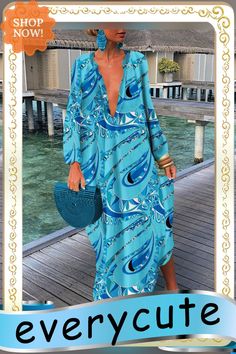 Fashion Print V Neck Dress Long Sleeve Long Dress, Sleeve Long Dress, Fashion Painting, Dresses By Length, Hem Dress, V Neck Dress, Women's Fashion Dresses, Fashion Prints, Fashion Games