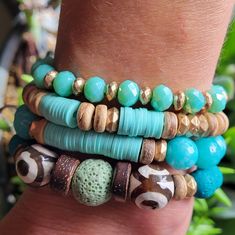 New! Beautiful Beachy Stretch Bracelet Bundle By Rain 4 Separate Strands Shades Of Blue, Teal, Turquoise Gold, Tan & Brown Wooden Beads Shell & Cut Gemstones Green & Teal Dark Blue Round Volcanic Rocks Perfect Summer Accessory To Compliment Endless Outfits! #Bracelet #Summertime #Boho #Summertime #Beach #Accessories #Mermaid #Poolside #Poshmark Beachy Beaded Bracelets, Pandora Butterfly Charm, Rain Jewelry, Clay Bracelets, Ankle Bracelets Diy, Horse Bracelet, Adjustable Bangle Bracelet, Wide Cuff Bracelets, Bracelets Diy