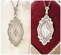 "Offering a beyond exquisite circa 1920s to 1930s Edwardian/Art Deco sterling silver rhodium plated filigree crystal rhinestone camphor glass pendant necklace. This one has such a gorgeous intricate design! The lacy sterling silver unusually shaped pendant features thick frosted glass (camphor glass) with radial designs cut in the glass on the reverse side. The ornate filigree setting that wraps up over the glass has such a beautiful detailed lacy design. The center is adorned with a sterling diamond shaped piece that is set with a sparkly crystal rhinestone.  Pendant hangs from an ornate filigree bail and is stamped \"STERLING\" on the back.  I love the 1920s designed filigree work on this one!  It hangs from a gorgeous sterling silver link chain that closes with a \"STERLING' stamped rin 1930s Wedding, Radial Design, Vintage Rhinestone Jewelry, Silver Link Chain, Edwardian Art, Art Deco Pendant, Glass Pendant Necklace, Antique Necklace, Gorgeous Art