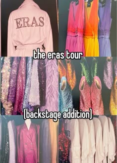 the eras tour backstage at back stage addition in pink and purple with text overlay