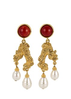 Find BEN-AMUN Coral Post Earrings With Pearly Drops on Editorialist. BenAmun earrings 24karat gold electroplating Coralcolored cabochon bezels Pearshaped manmade pearly drops Refrain from swimming and showering with your jewelry For pierced ears Made in USA Gold Brass Earrings With Cabochon Detail, Gold Brass Cabochon Earrings, Gold Cabochon Brass Earrings, Luxury Brass Clip-on Jewelry, Luxury Clip-on Brass Jewelry, Gold Cabochon Drop Earrings, Gold Cabochon Dangle Earrings, Gold Dangle Earrings With Cabochon, Ben Amun Earrings