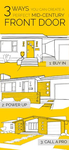 three ways to create a mid century front door info graphic on yellow and white background