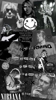 an image of nirvana collage with the words nirvana and images of other musicians in black and white