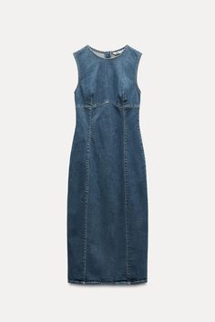 TRF DENIM MIDI DRESS - Blue | ZARA United States Sleeveless Summer Denim Dress With Back Zipper, Denim Blue Dresses With Zipper Closure, Denim Blue Stretch Sleeveless Dress, Fitted Denim Sleeveless Dress, Sleeveless Stretch Denim Blue Dress, Stretch Denim Blue Sleeveless Dress, Stretch Sleeveless Denim Blue Dress, Summer Denim Blue Dress With Back Zipper, Medium Wash Stretch Sleeveless Denim Dress