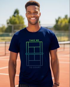 Unleash your skills in our trendsetting "Take Me To Court" tennis t-shirt!  📦 Free US shipping over $35 🏭 1-day production   🚚 US/CAN shipping: 2-5 days  ✈️ International shipping: 10-30 days Our ultra-soft t-shirt ensures superior comfort and fit for casual or on-court wear. Solid colours are made from 100% ethically grown ring-spun cotton. Heather colours - made of  65% cotton and 35% polyester - offer a more lightweight option to keep you cool and dry. Consult our size and colour guide. Ch Sporty Screen Print T-shirt For Tennis, Casual Tennis T-shirt With Moisture-wicking, Sporty Pre-shrunk Tennis Tops, Casual Moisture-wicking Tennis T-shirt, Green Cotton T-shirt For Tennis, Blue Short Sleeve Tennis Top, Short Sleeve Athleisure Tennis T-shirt, Green Graphic Print Tennis Tops, Athleisure Short Sleeve Tennis T-shirt