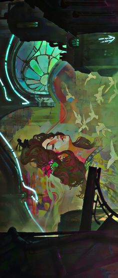 an abstract painting of a woman with long hair and eyes closed in front of a stained glass window