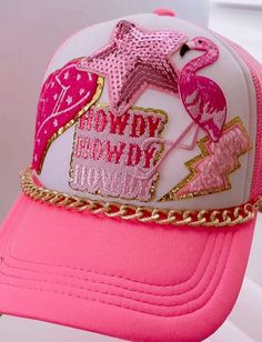 Howdy Trucker Hat With Patches Pink Flamingo Western Hat Sequin Star Custom Trucker Cap Trendy Design for Women Fun and Stylish Accessory - Etsy Barbie Trucker Hat, Designer Trucker Hat, Trucker Hat Designs With Patches, Trucker Hat Bar Ideas, Custom Trucker Hats Patches, Patch Trucker Hat Ideas, Patch Hat Ideas, Howdy Hat, Trucker Hat Diy