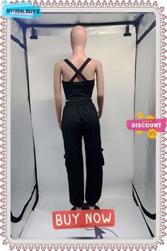 Women Sexy Sleeveless Crop Top and Pocket Wide Leg Pants Casual Two-piece Set Sleeveless Summer Club Sets, Casual Sleeveless Two-piece Jumpsuit, Black Sleeveless Two-piece Set, Casual Sleeveless Two-piece Pants, Sleeveless Summer Crop Top With Pockets, Sleeveless Stretch Jumpsuits And Rompers With Pockets, Sleeveless Stretch Jumpsuit With Pockets, Fitted Sleeveless Crop Top With Pockets, Sleeveless Two-piece Crop Top For Party