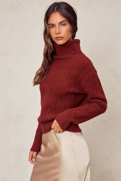 Milas Cable Detail Knit Turtle Neck Sweater Winter Textured Knit Stretch Turtleneck, Winter Stretch Textured Knit Turtleneck, Winter Textured Knit High Neck Turtleneck, Cozy Textured Knit High-neck Turtleneck, Cozy Textured Knit High Neck Turtleneck, Cozy Textured Knit Turtleneck For Layering, Cozy Cowl Neck Winter Top, Cozy Cowl Neck Tops For Winter, Cozy Cable Knit Turtleneck For Fall