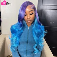 Woman Wigs Purple Blue Wigs 100% Human Hair 13x6 Body Wave Lace Front Wig 30 Inch Colorful Lace Wig Colorful Hair Black Women, Baby Blue Wig, Exotic Hair Color, Bright Blue Hair, Ombre Lace Front Wig, Purple Blue Ombre, Body Wave Lace Front Wig, Exotic Hairstyles