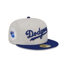 The Brooklyn Dodgers Coop Logo Select 59FIFTY Fitted Cap features an embroidered Dodgers wordmark at the front panels with a matching alternate team wordmark above a Cooperstown MLB Batterman logo at the rear. Additional details include a team patch at the right-wear side, a blue visor, and a gray undervisor. Baseball Season Logo Baseball Cap With Flat Bill, Embroidered Logo Fitted Hat For Baseball Season, Throwback Team-colored Hats For Baseball Season, Throwback Baseball Season Hat With Embroidered Logo, Team-colored Fitted Hat With Embroidered Logo For Baseball Season, Collegiate Fitted Hat With Logo For Baseball Season, Throwback Baseball Cap With Embroidered Logo, Sports Fitted Hat With Logo Patch For Baseball Season, Throwback Embroidered Logo Hats For Baseball Season