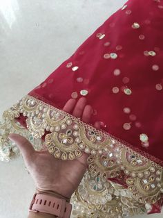 More dupatta here in our collection https://www.etsy.com/shop/neelcreations/?section_id=15880219 Net with embroidery Indian dupatta. It has beautiful golden border. Scallop border with dull gold color. ★ The mirror on all over net is not real. ★ It can be made in other colors and longer in length also. We can also change the border if you want. Approximate length 95 inches. We can increase length so please contact us if you want longer dupatta. These designer dupattas are very much in trend. Pai Red Indian Wedding, Wedding Dupatta, Indian Dupatta, Embroidery Indian, Bridal Dupatta, Scallop Border, Golden Border, Red Indian, Zari Embroidery