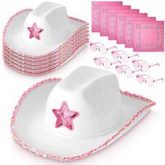 PRICES MAY VARY. You Will Get: you will receive 6 pink star white cowgirl hats, 6 heart rimless glasses, 6 paisley headscarves, sufficient quantity can be shared with friend at the party, which are very suitable for daily matching and party with costume Heart Rimless Glasses: these heart shaped sunglasses are made of resin, material and lightweight, not easy to get fade, transparent material will not block your sight line; The glasses are lightweight which bring no burden to your face, suitable Star Cowboy Hat, Kids Party Dress, Heart Glasses, Felt Cowboy Hats, Kids Party Dresses, Pink Cowgirl, Pink Star, Heart Shaped Sunglasses, Heart Fashion