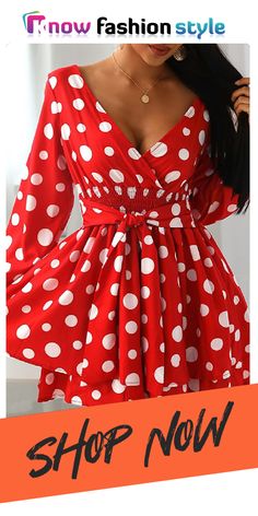 Red Casual Dot Split Joint V Neck Cake Skirt Dresses Red Patchwork Mini Dress, Long Sleeve Polka Dot Dress With Patchwork, Polka Dot Patchwork Dress For Party, Polka Dot Patchwork Party Dress, Party Polka Dot Patchwork Dress, Cake Skirt, Wholesale Fashion, Dresses Online, Dress Skirt