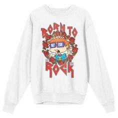 Rock out with your favorite cartoon characters with this Rugrats sweatshirt. The sweatshirt features an image of Chuckie in a circle of roses while red letters above and below the image spell out, “Born to Rock.” The sweatshirt comes in a white long sleeve crew neck. Rugrats fans will love this comfy and cozy sweatshirt. Rugrats Sweatshirt, Rugrats Chuckie, Born To Rock, Red Letters, Favorite Cartoon Character, Cozy Sweatshirts, White Sweatshirt, White Long Sleeve, Cartoon Characters