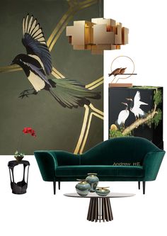 a living room scene with focus on the couch and wall art, including a bird painting