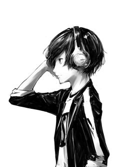 a black and white drawing of a person with headphones in their ears, looking to the side