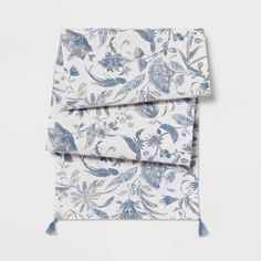 the blue and white floral print is folded up