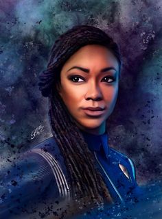 a digital painting of a woman with braids on her head and blue shirt in the background