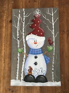 a painting of a snowman with trees in the background and a bird on his nose