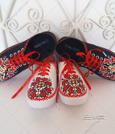 ♥ Hand Painted Sneakers, Bulgarian Embroidery Shoes, Ethnic Sneakers, Hanpainted Shoes, Painted Bulgarian Embroidery ♥ HAND PAINTED SNEAKERS by DiqnaDesign. ------- SIZE & DETAILS ------- Shoes are hand painted with professional water resistant textile paint. This embroidery can be painted on Black or White Sneakers. DIFFERENT SIZES FOR WOMEN'S FOOTWEAR: EU size 36 ≈ US size 6 ≈ UK size 4 ≈ 22,5 cm ≈ 8,8 inches --------------------------------------------------------------------------------- Traditional Handmade Clogs With Round Toe, Traditional Closed Toe Clogs, Sneakers Embroidery, Bulgarian Costume, Hand Painted Sneakers, Art Sneakers, Bulgarian Embroidery, Textile Paint, Painted Sneakers